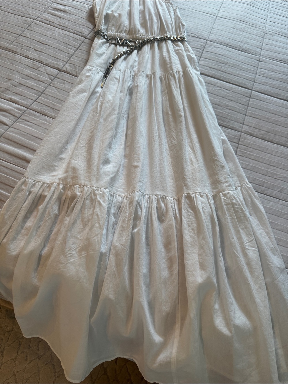 Michael Kors White Halter Tiered Maxi Dress with Silver Accent Belt - Picture 3 of 6